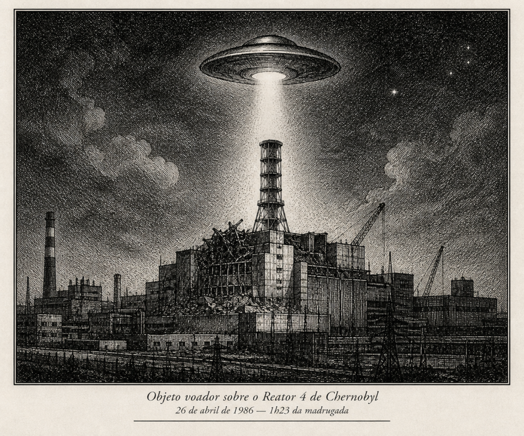 Ilustração em hachura de um objeto voador não identificado (OVNI) emitindo feixes de luz sobre o reator 4 da Usina Nuclear de Chernobyl.