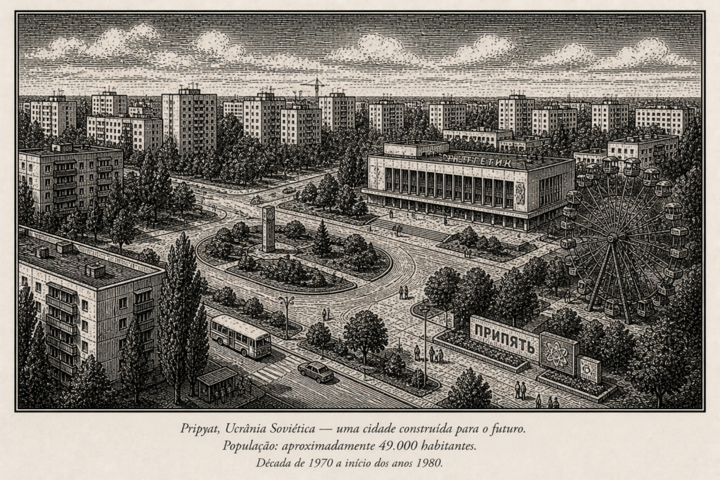 Ilustração em hachura preta e branca de um disco voador pairando e emitindo feixe de luz sobre a usina nuclear de Chernobyl destruída.