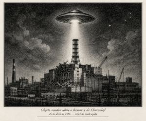 Ilustração em hachura de um objeto voador não identificado (OVNI) emitindo feixes de luz sobre o reator 4 da Usina Nuclear de Chernobyl.